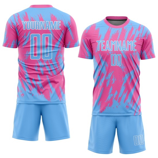 Pink Custom Blue-White Light Uniform Sublimation Soccer Jersey