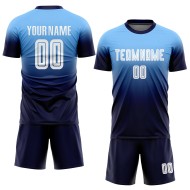 Custom Fashion White-Navy Jersey Fade Soccer Sublimation Uniform Blue Light