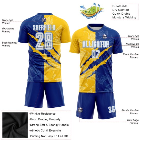 Soccer Royal Scratch White Custom Yellow-Light Jersey Graffiti Pattern Blue Sublimation Uniform