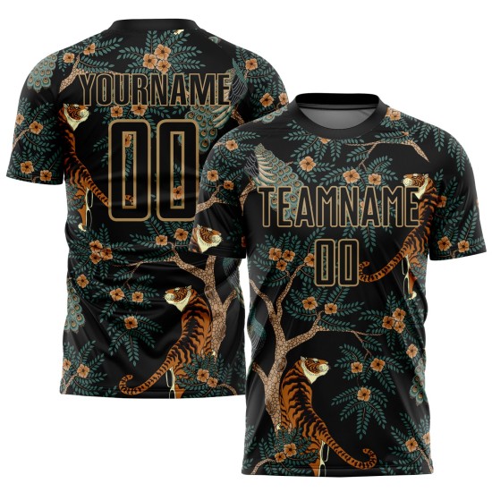 Old Sublimation Custom Tiger And Jersey Peacock Uniform Black Gold Soccer