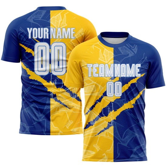 Soccer Royal Scratch White Custom Yellow-Light Jersey Graffiti Pattern Blue Sublimation Uniform