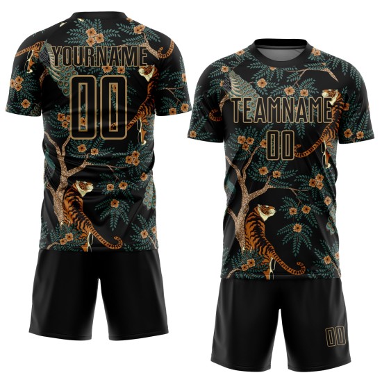 Old Sublimation Custom Tiger And Jersey Peacock Uniform Black Gold Soccer