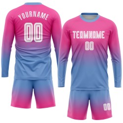 Uniform Custom Soccer White-Light Blue Long Fade Sleeve Fashion Pink Sublimation Jersey