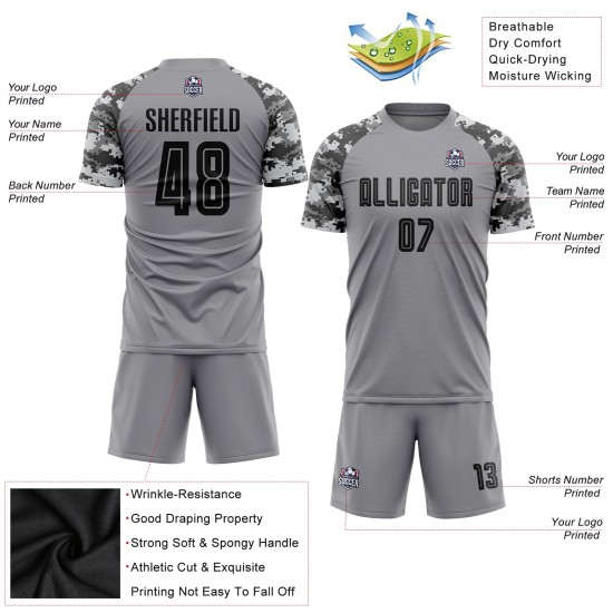 Custom Soccer Sublimation Black-Camo Uniform Jersey Gray