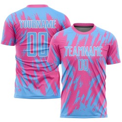 Pink Custom Blue-White Light Uniform Sublimation Soccer Jersey