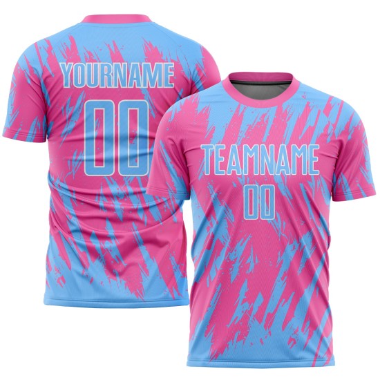 Pink Custom Blue-White Light Uniform Sublimation Soccer Jersey